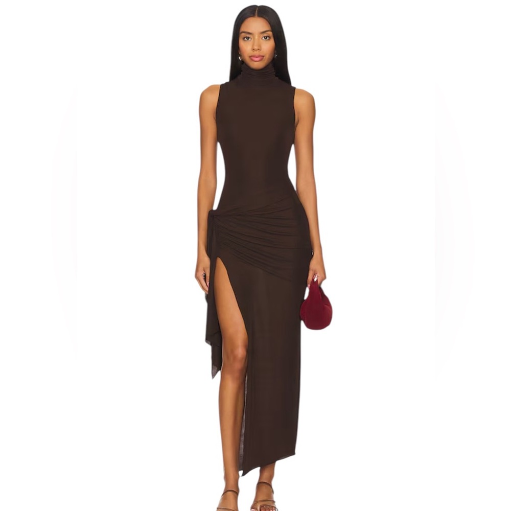 Ronny Kobo- Crystal Dress in Chocolate Brown Ruched Side-Slit Size Medium